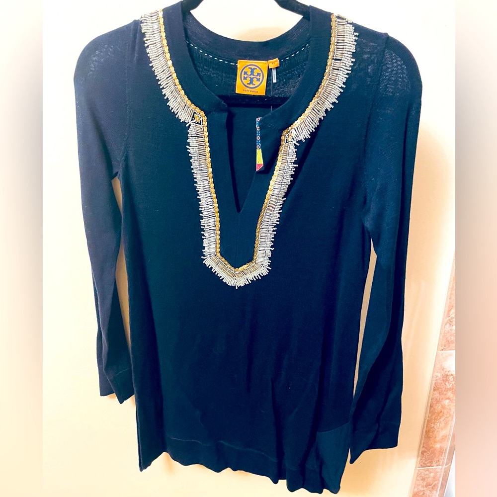 NWT Tory Burch Dove Tunic sweater with beaded neckline. Navy Blue merino wool.